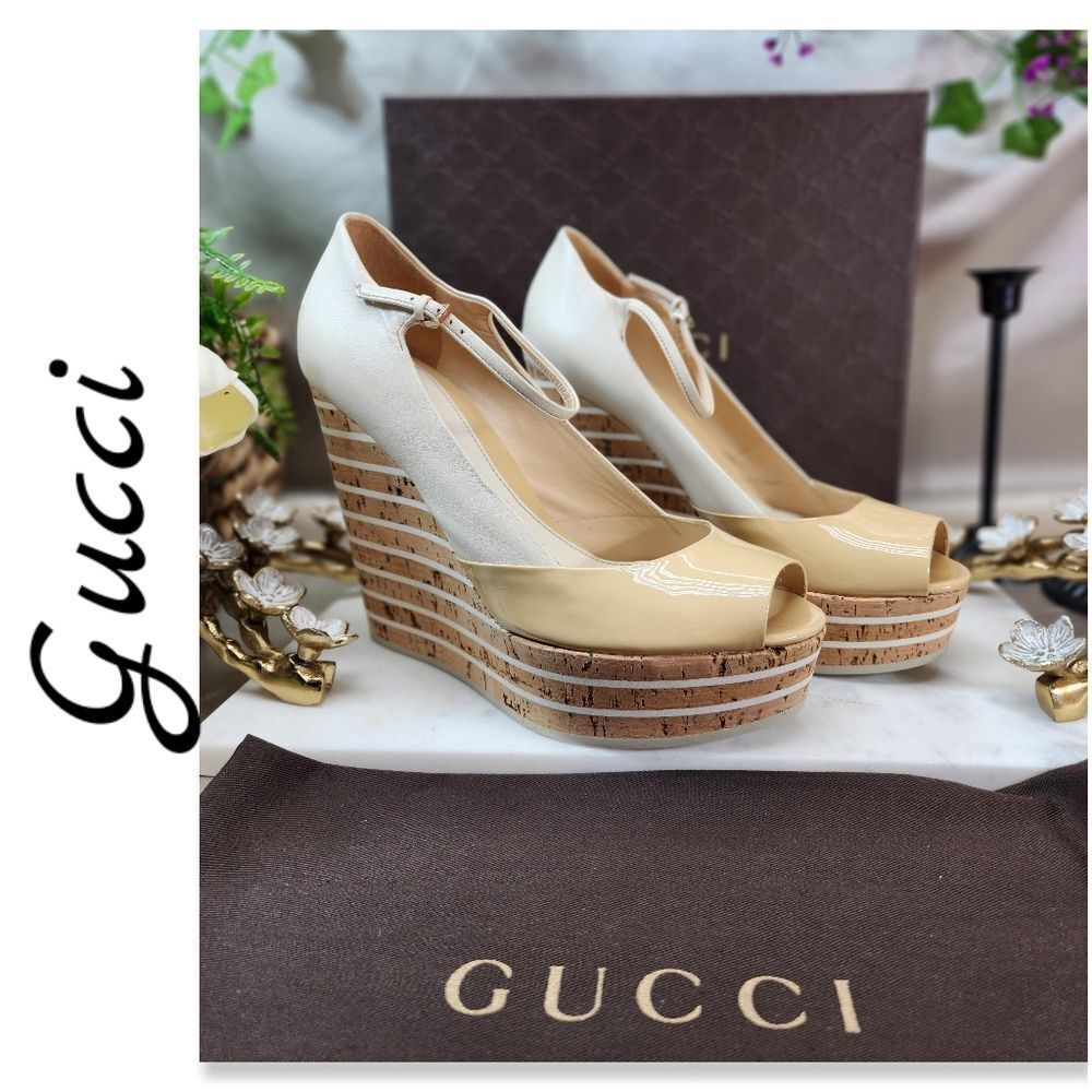 NIB GUCCI VERNICE CRYSTAL/NAPPA CHARLOTTE WEDGE PEEP TOE